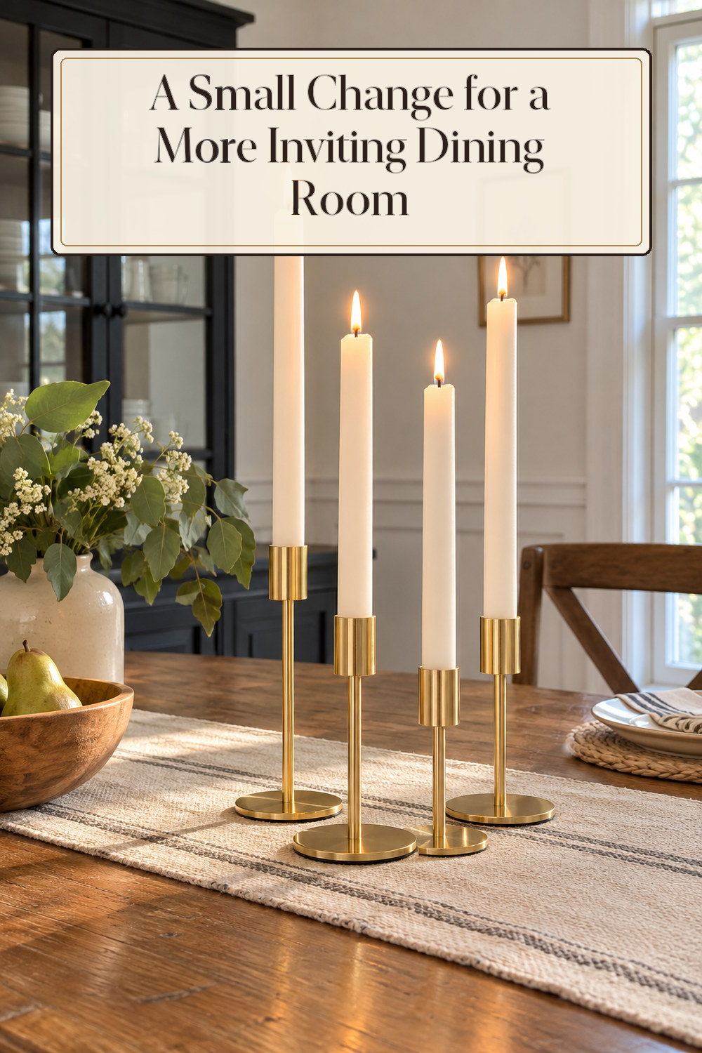 A realistic candle holder used naturally in a softly lit dining room at home.