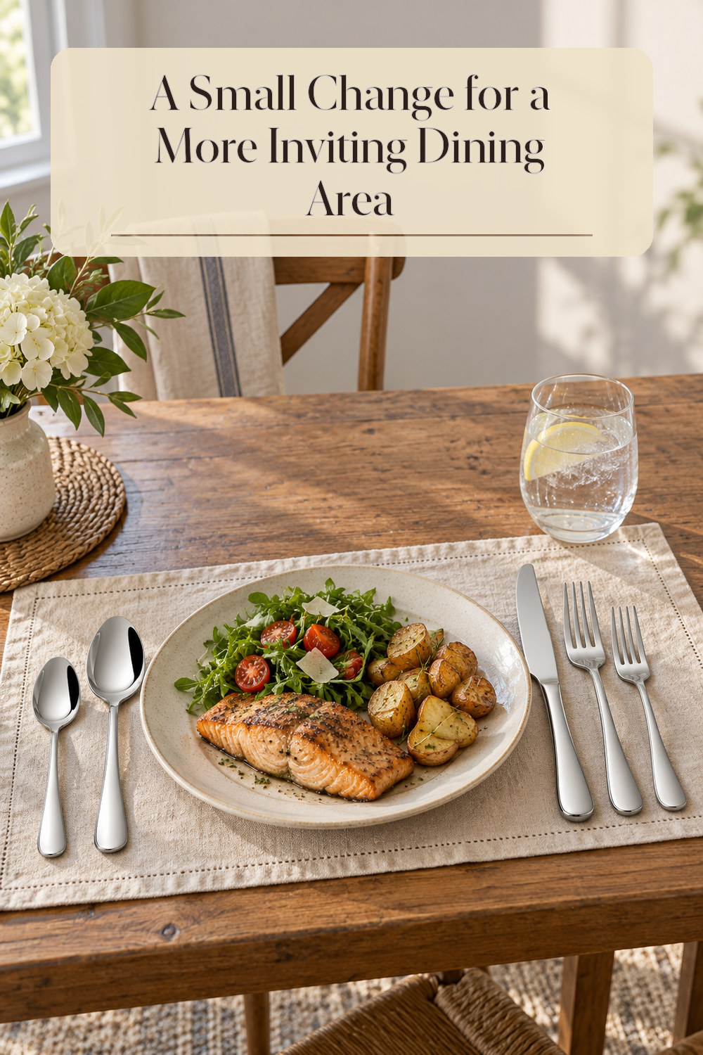 A realistic flatware set used naturally in a softly lit dining area at home.