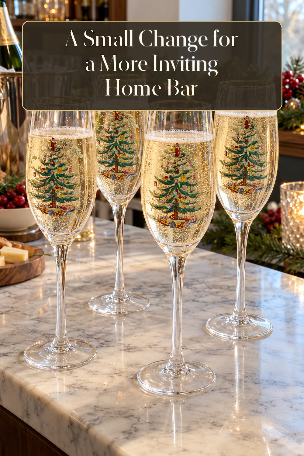 A realistic stemware used naturally in a softly lit home bar at home.