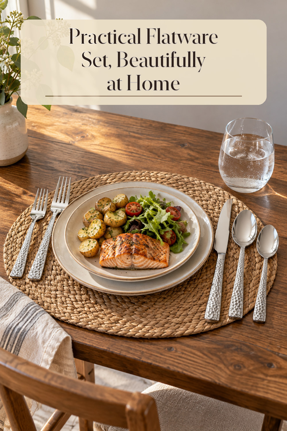A realistic flatware set used naturally in a softly lit dining area at home.