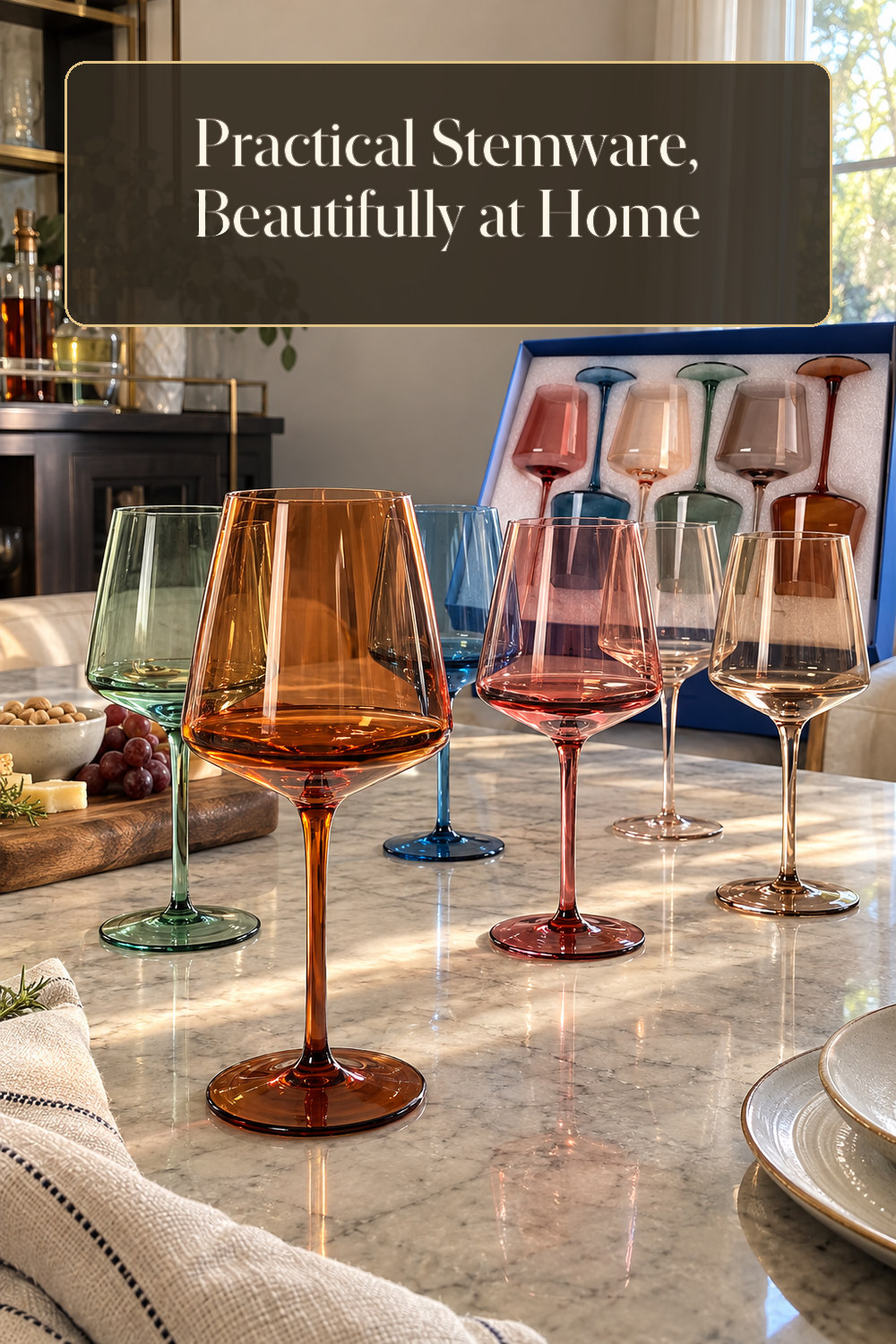A realistic stemware used naturally in a softly lit home bar at home.