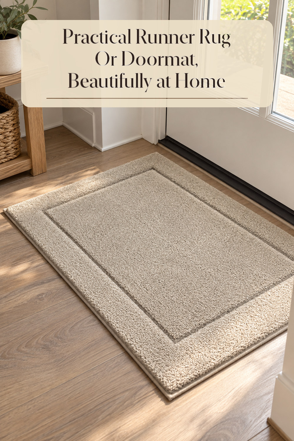 A realistic runner rug or doormat used naturally in a softly lit entryway or hallway at home.