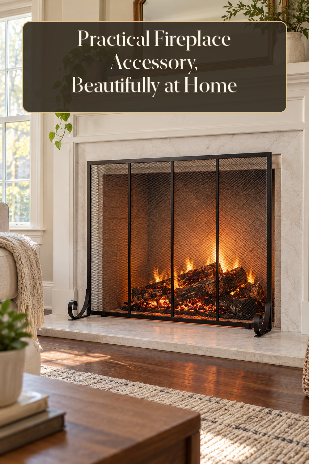 A realistic fireplace accessory used naturally in a softly lit living room hearth at home.