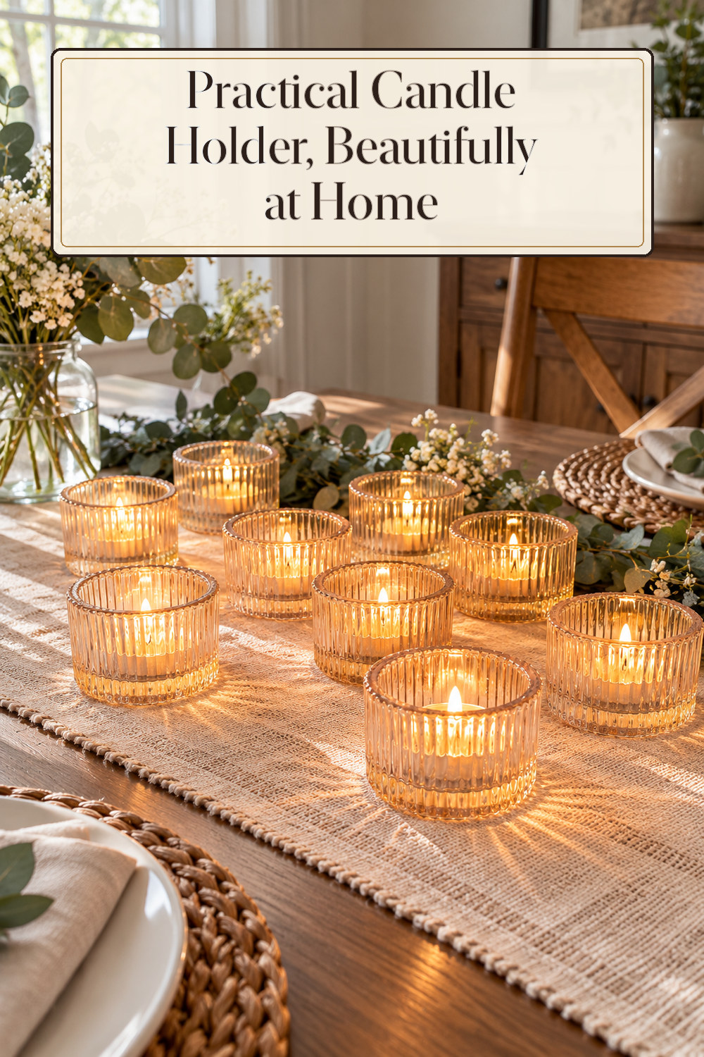 A realistic candle holder used naturally in a softly lit dining room at home.