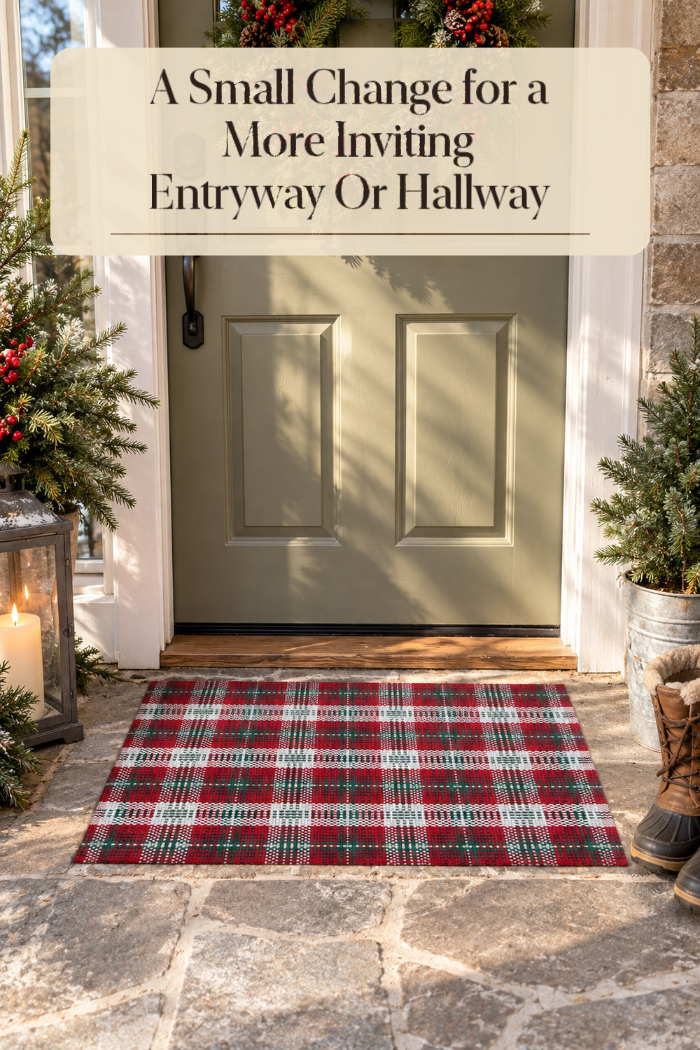 A realistic runner rug or doormat used naturally in a softly lit entryway or hallway at home.