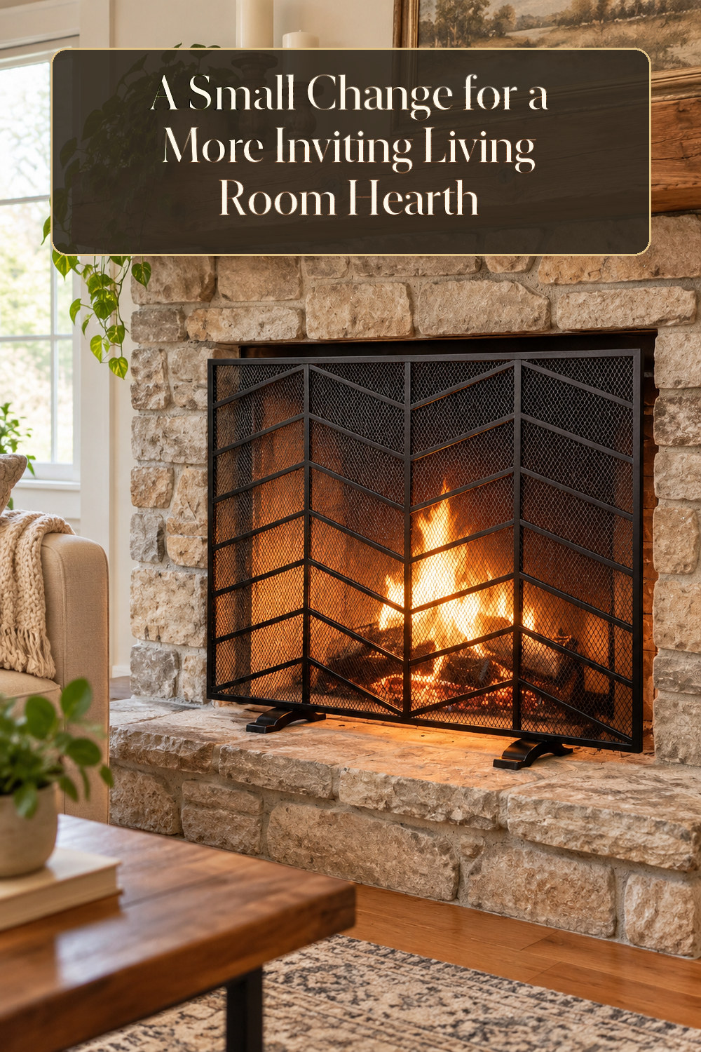 A realistic fireplace accessory used naturally in a softly lit living room hearth at home.