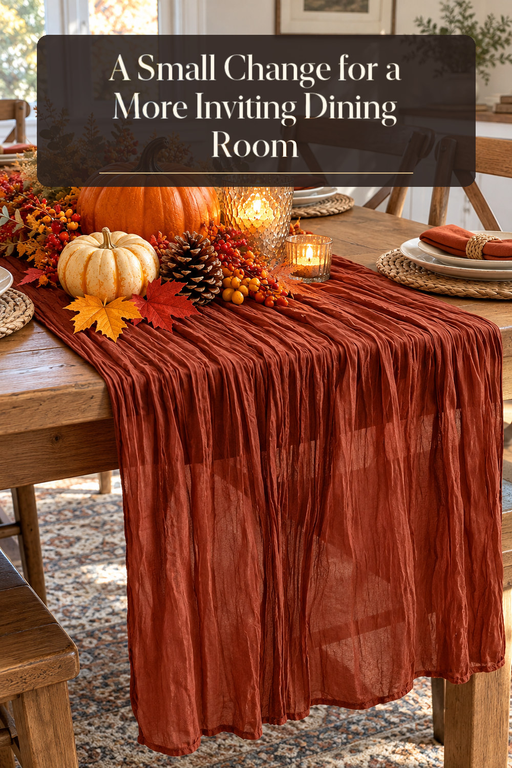 A realistic table linen used naturally in a softly lit dining room at home.