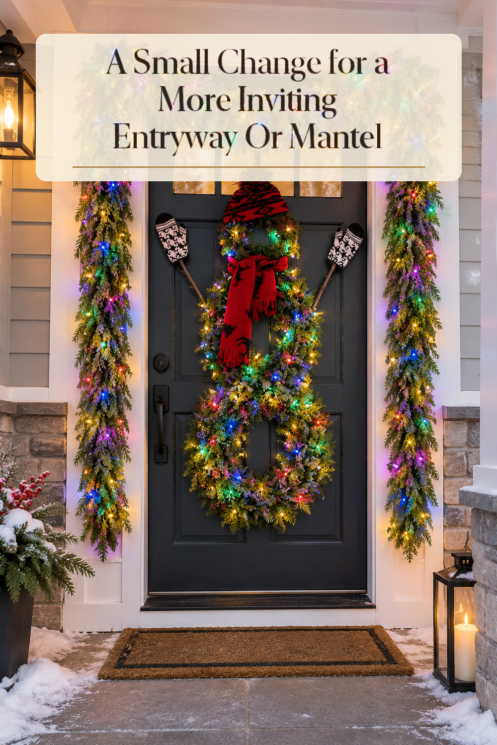 A realistic wreath or garland used naturally in a softly lit entryway or mantel at home.
