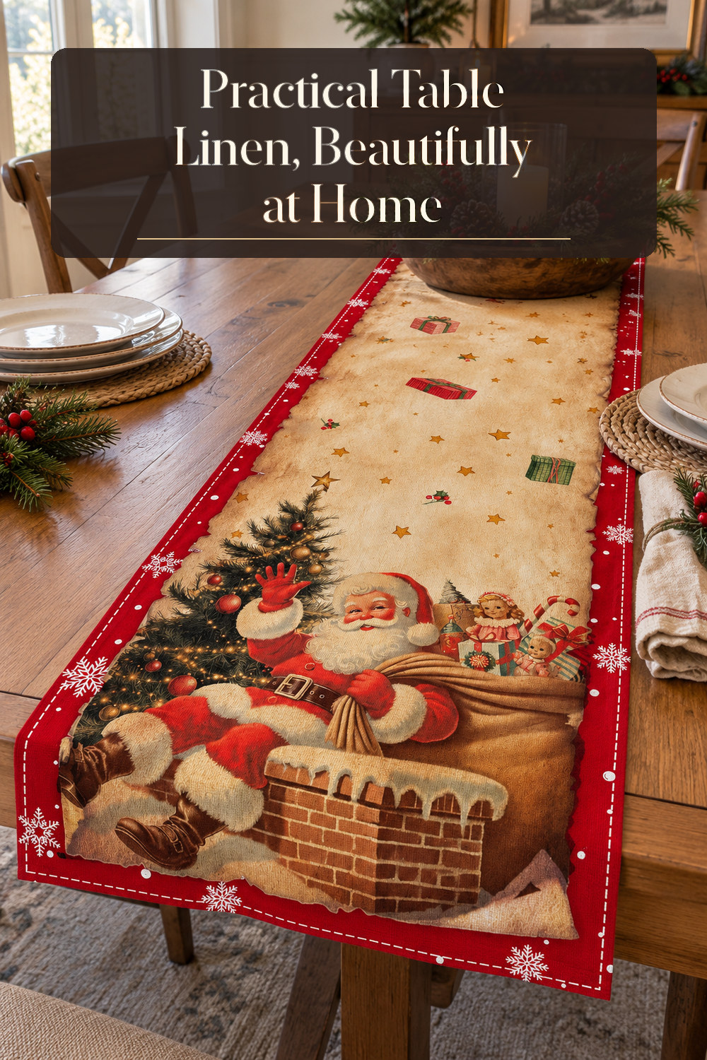 A realistic table linen used naturally in a softly lit dining room at home.