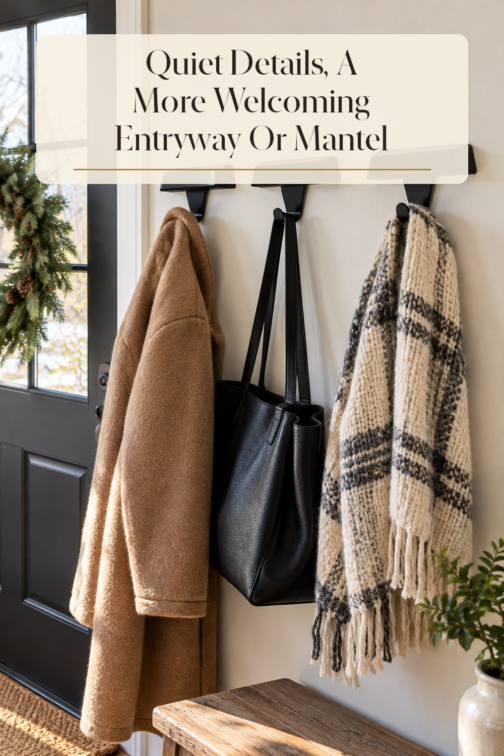 A realistic wreath or garland used naturally in a softly lit entryway or mantel at home.