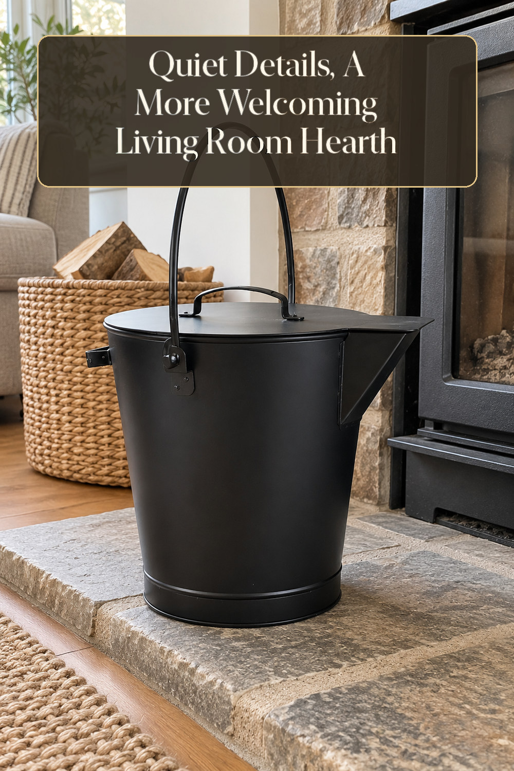 A realistic fireplace accessory used naturally in a softly lit living room hearth at home.