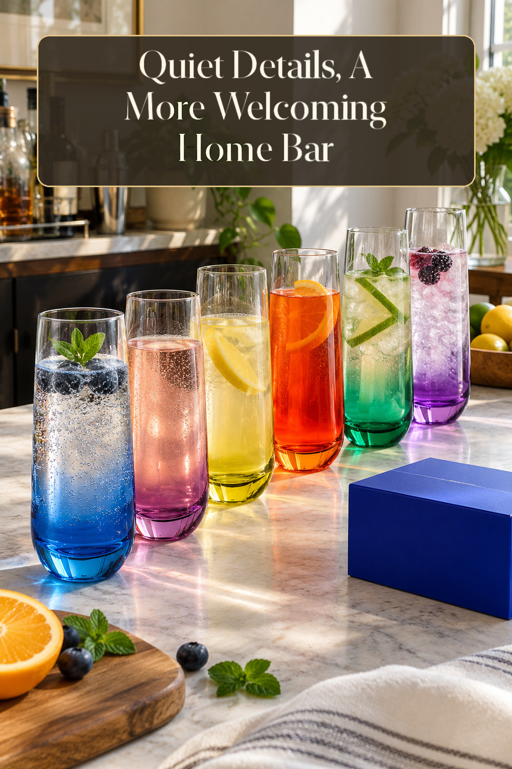 A realistic stemware used naturally in a softly lit home bar at home.
