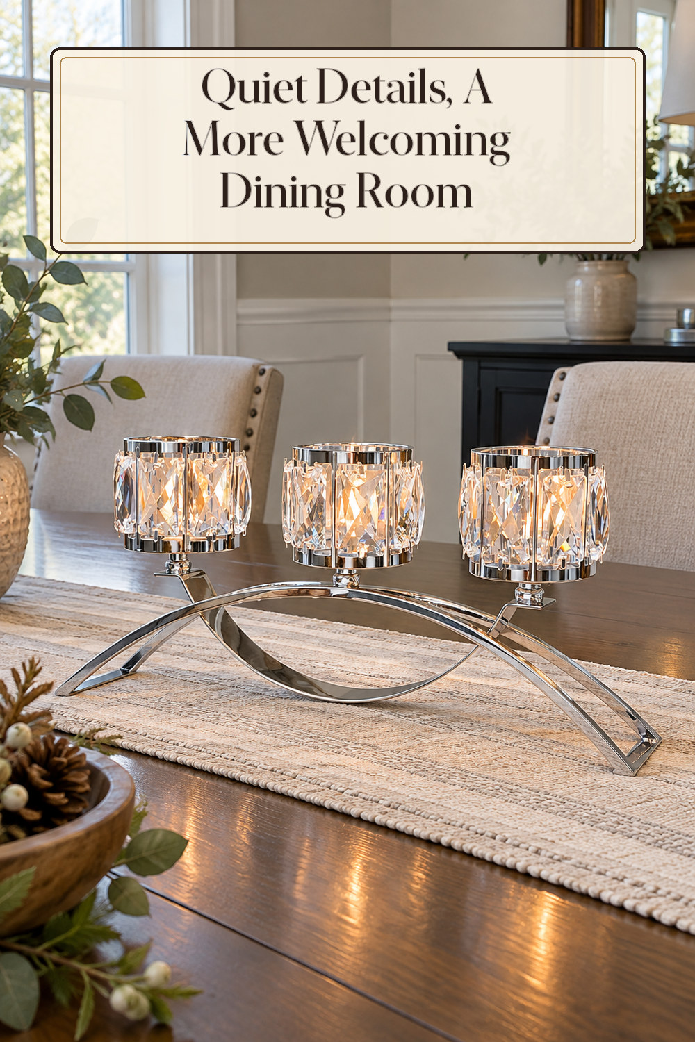 A realistic candle holder used naturally in a softly lit dining room at home.