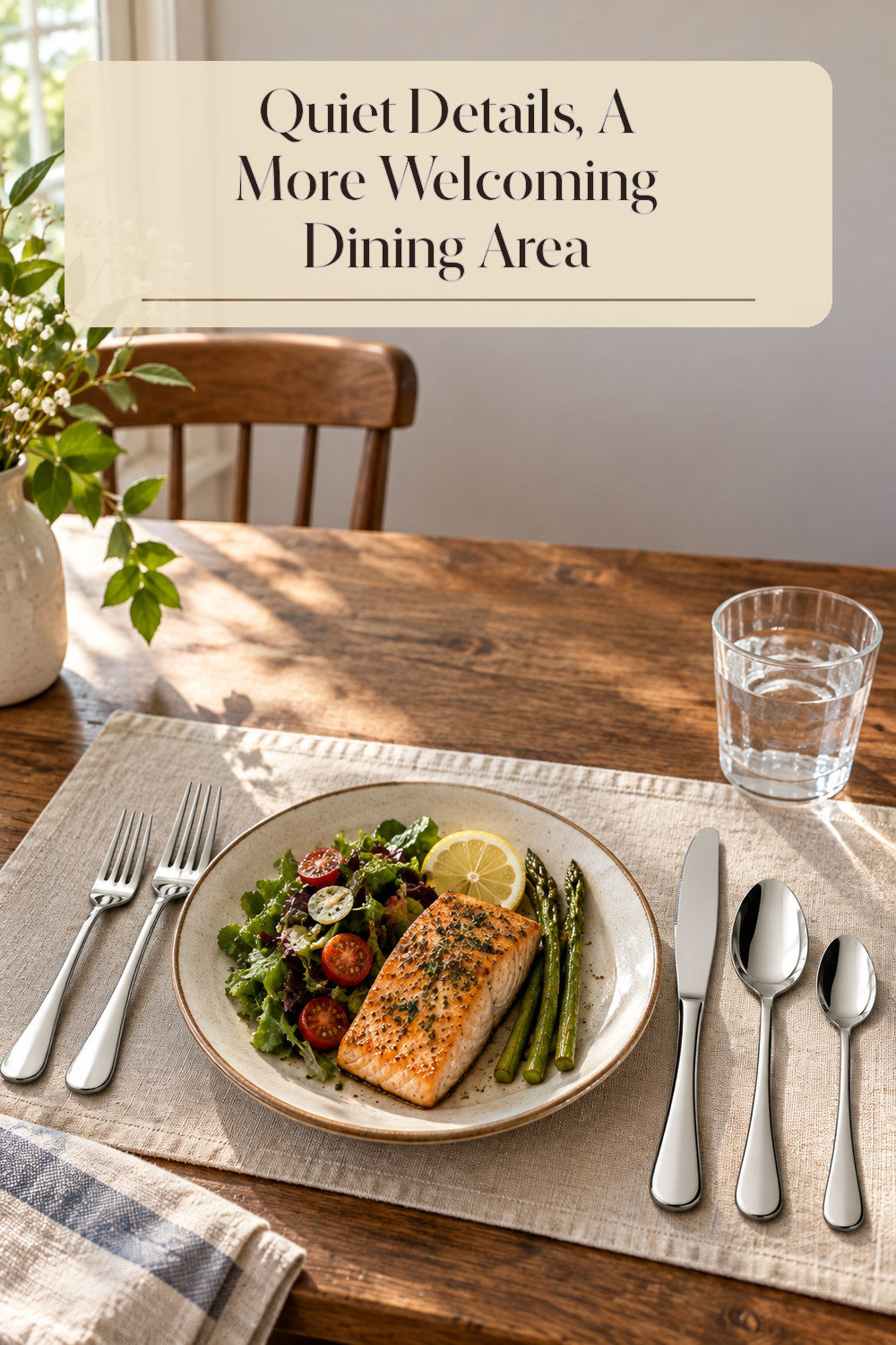 A realistic flatware set used naturally in a softly lit dining area at home.