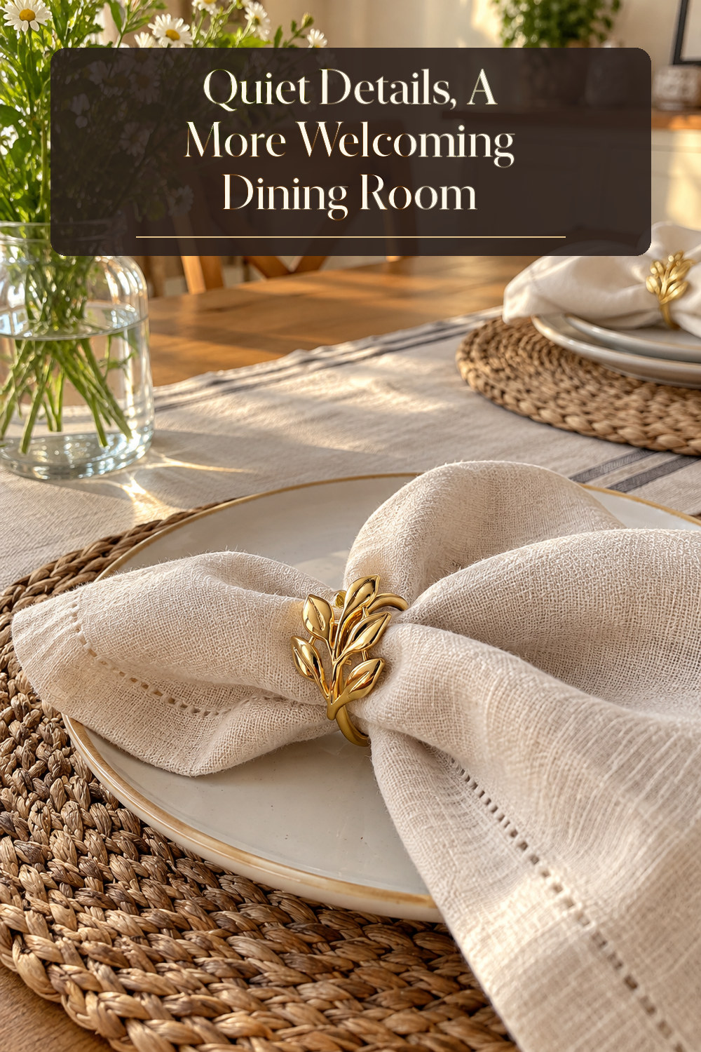 A realistic table linen used naturally in a softly lit dining room at home.
