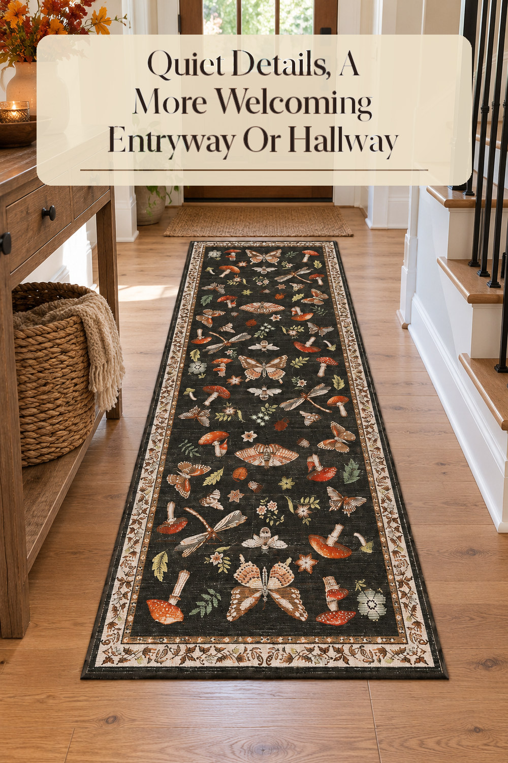 A realistic runner rug or doormat used naturally in a softly lit entryway or hallway at home.