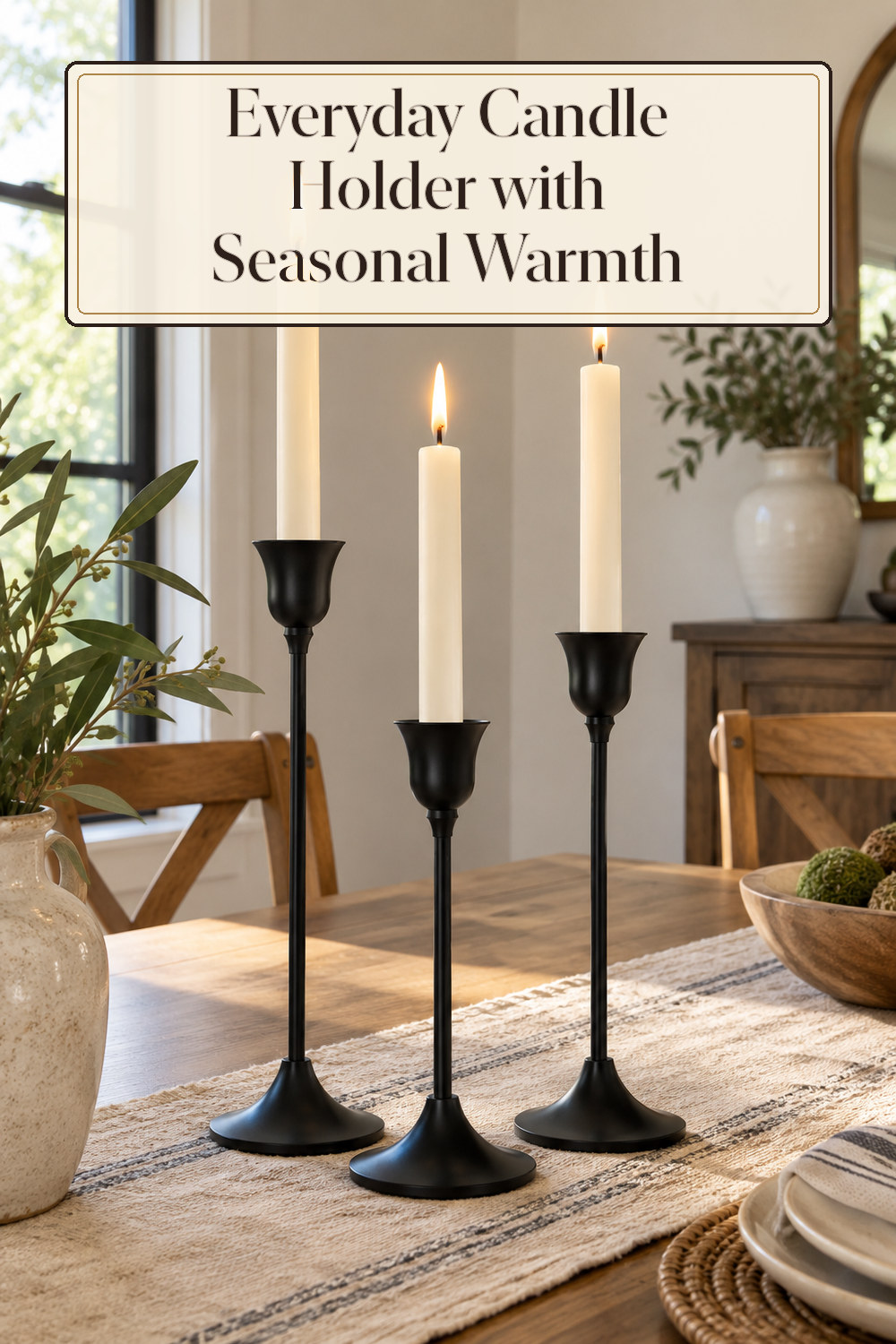 A realistic candle holder used naturally in a softly lit dining room at home.