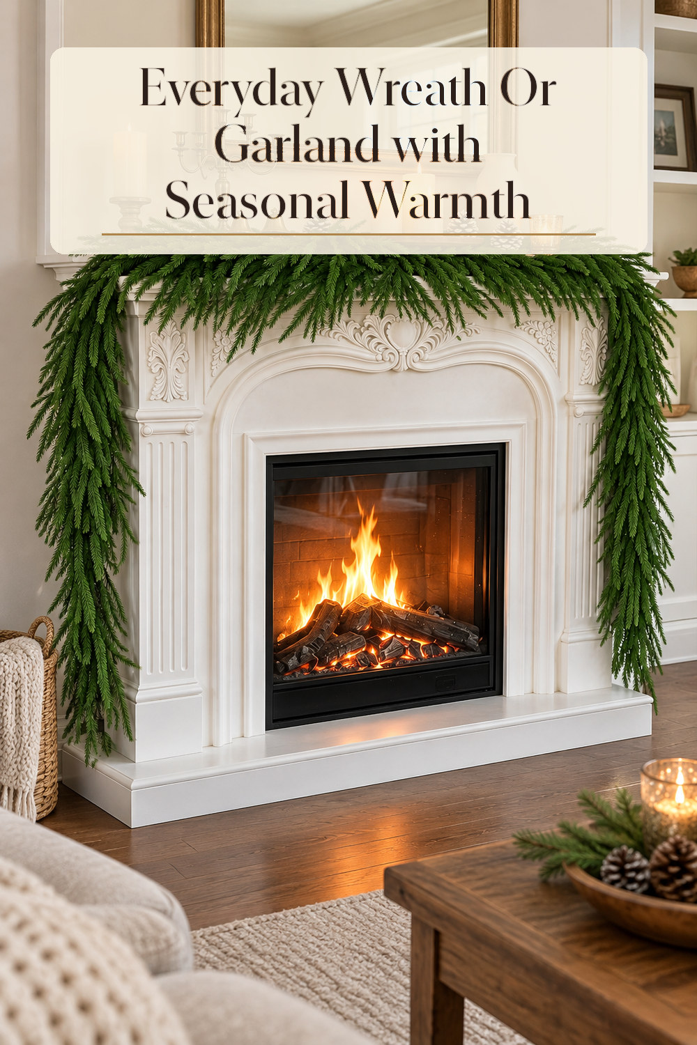 A realistic wreath or garland used naturally in a softly lit entryway or mantel at home.