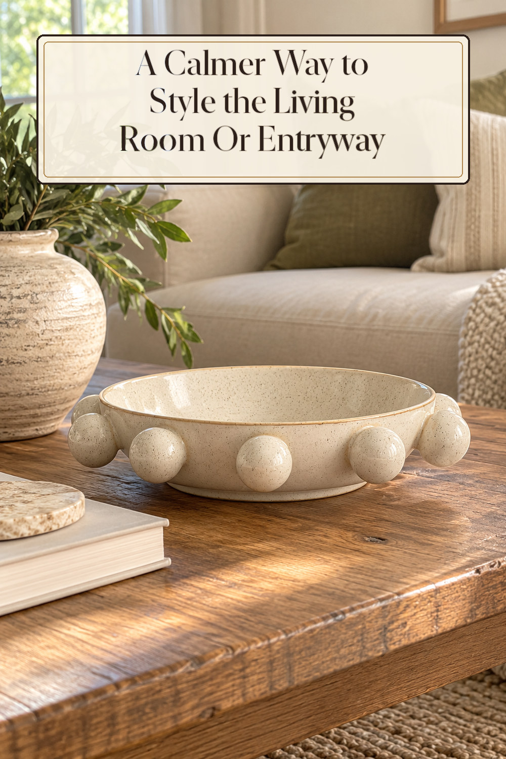 A realistic decorative bowl used naturally in a softly lit living room or entryway at home.