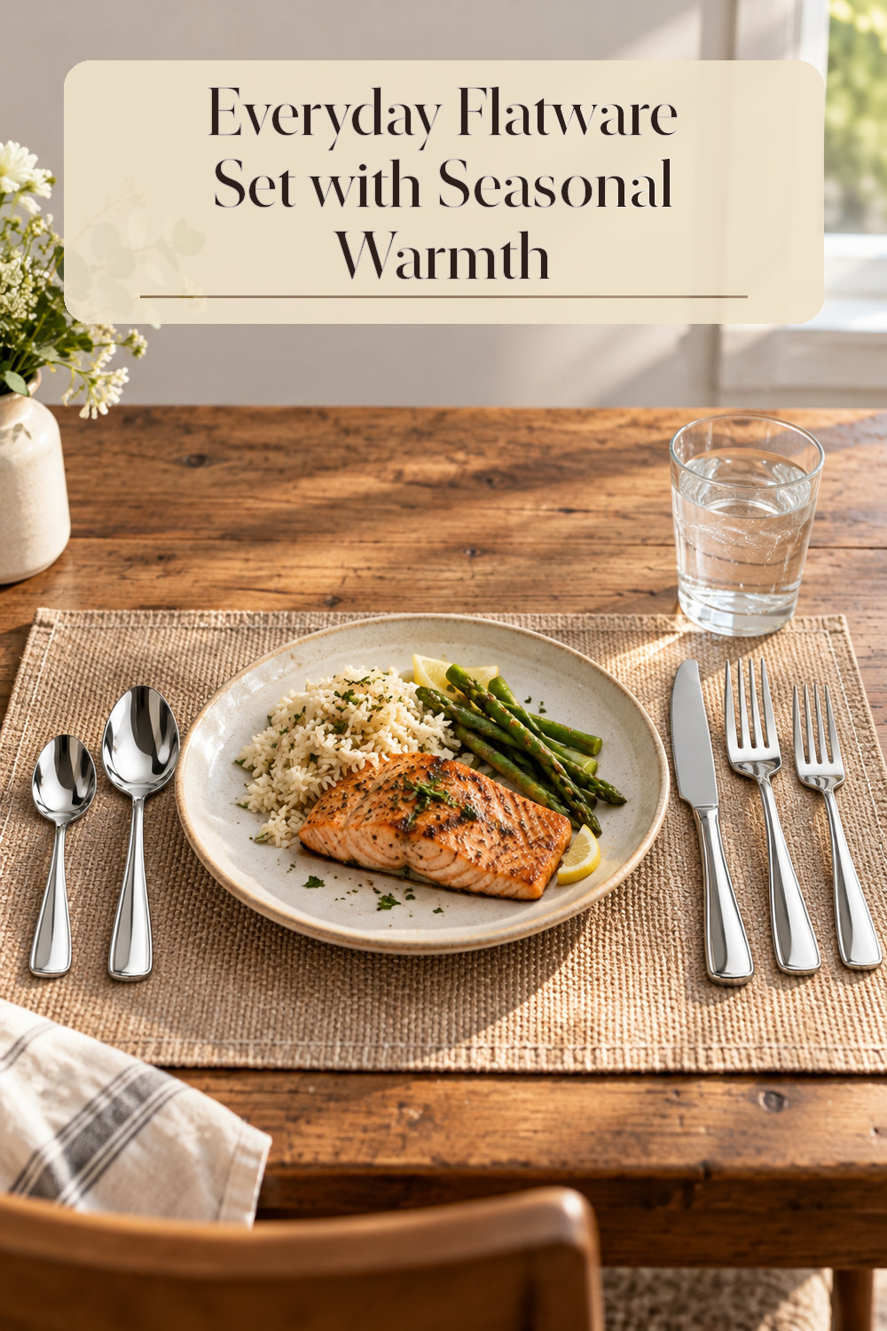 A realistic flatware set used naturally in a softly lit dining area at home.