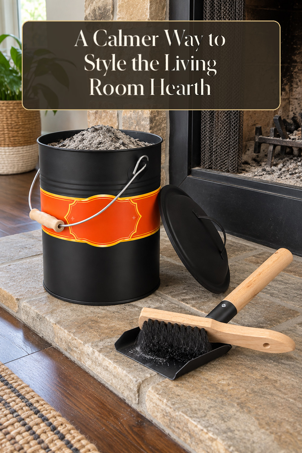 A realistic fireplace accessory used naturally in a softly lit living room hearth at home.