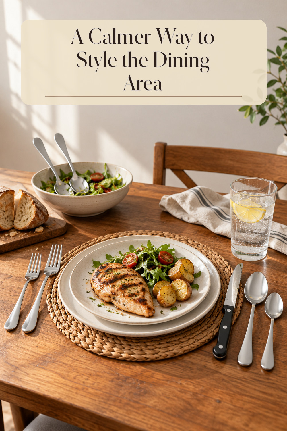 A realistic flatware set used naturally in a softly lit dining area at home.
