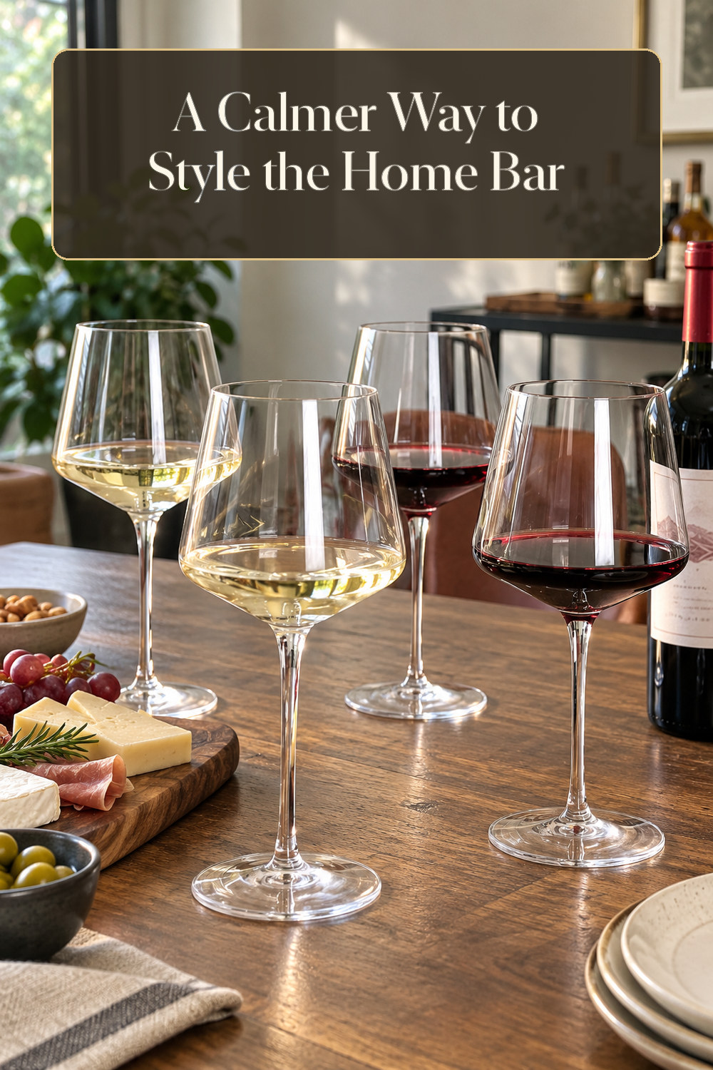 A realistic stemware used naturally in a softly lit home bar at home.