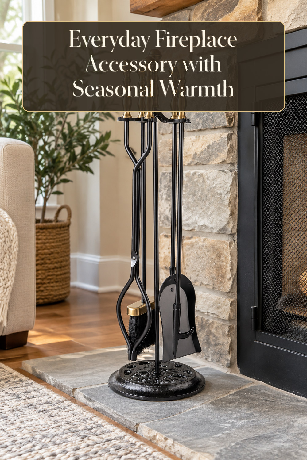 A realistic fireplace accessory used naturally in a softly lit living room hearth at home.