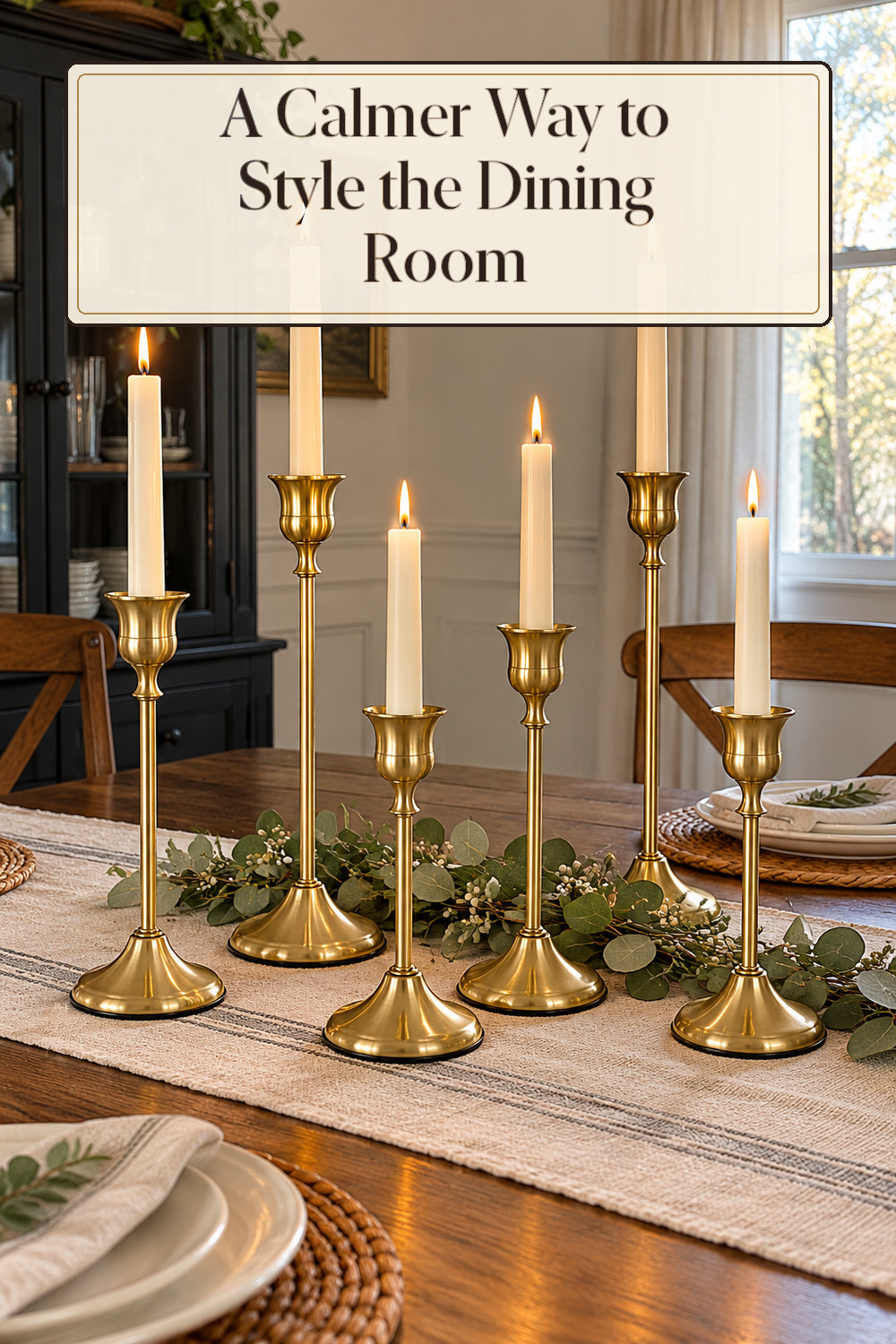 A realistic candle holder used naturally in a softly lit dining room at home.