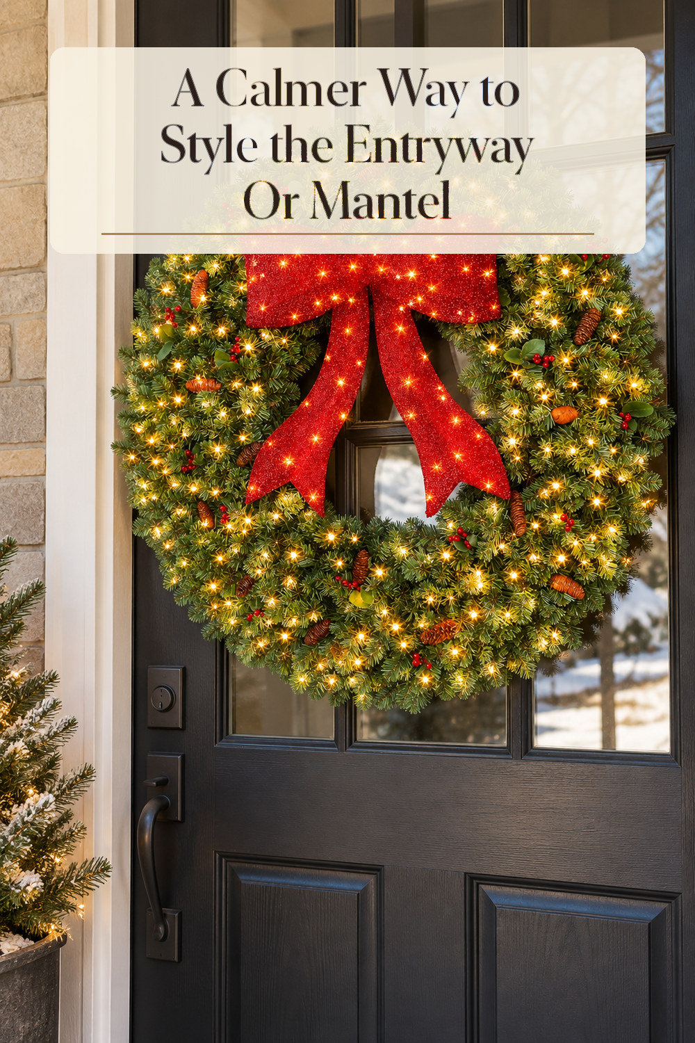 A realistic wreath or garland used naturally in a softly lit entryway or mantel at home.