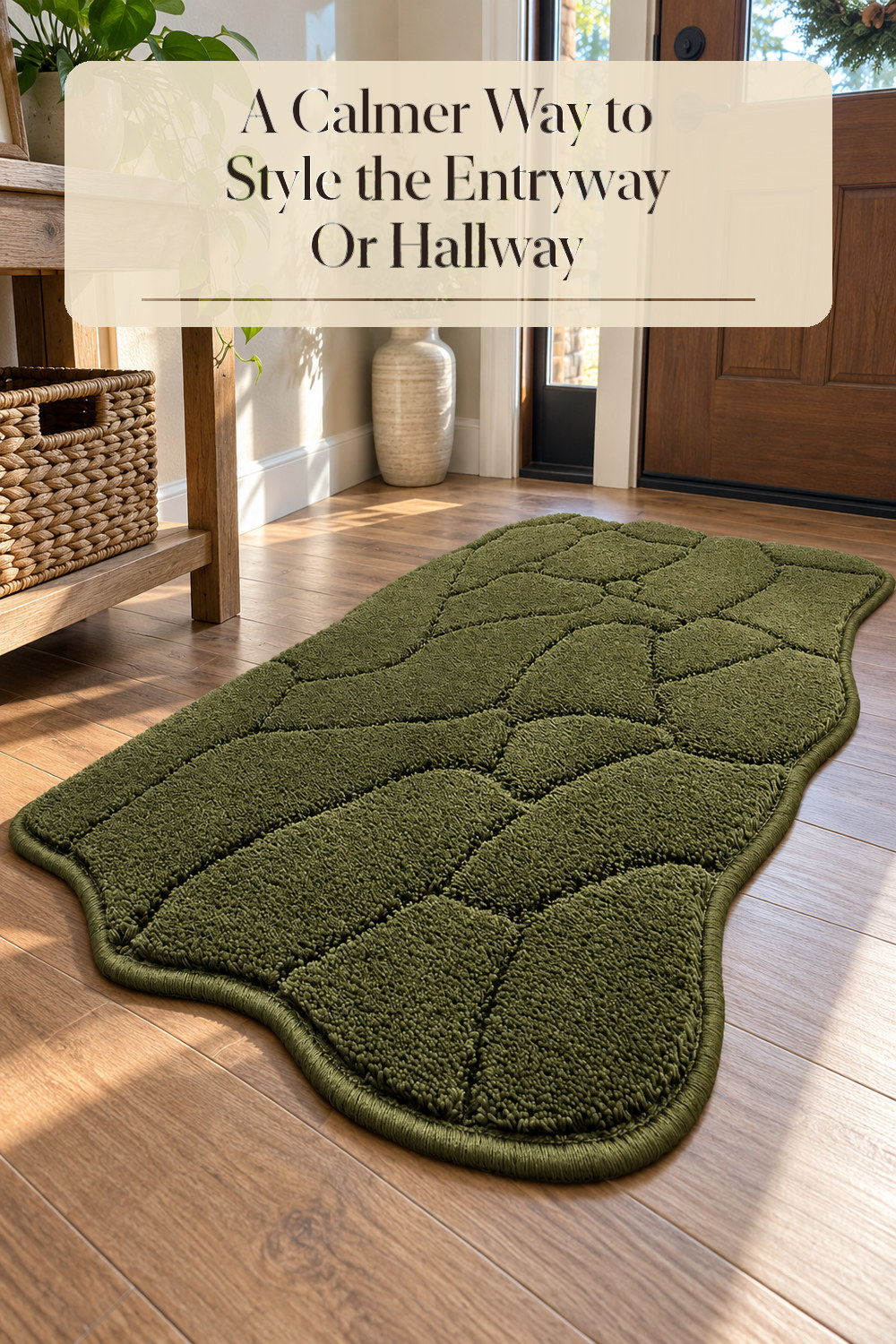 A realistic runner rug or doormat used naturally in a softly lit entryway or hallway at home.