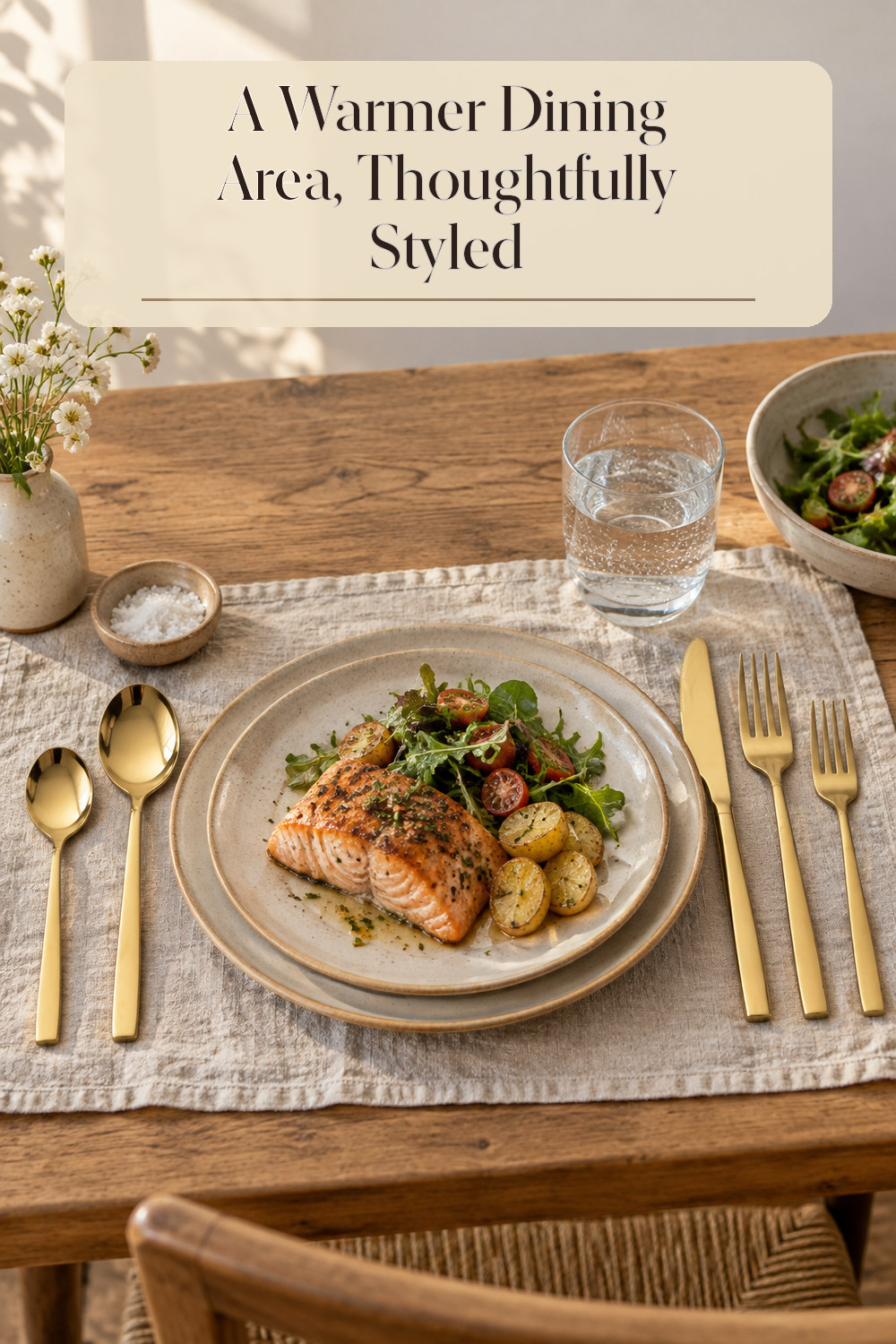 A realistic flatware set used naturally in a softly lit dining area at home.
