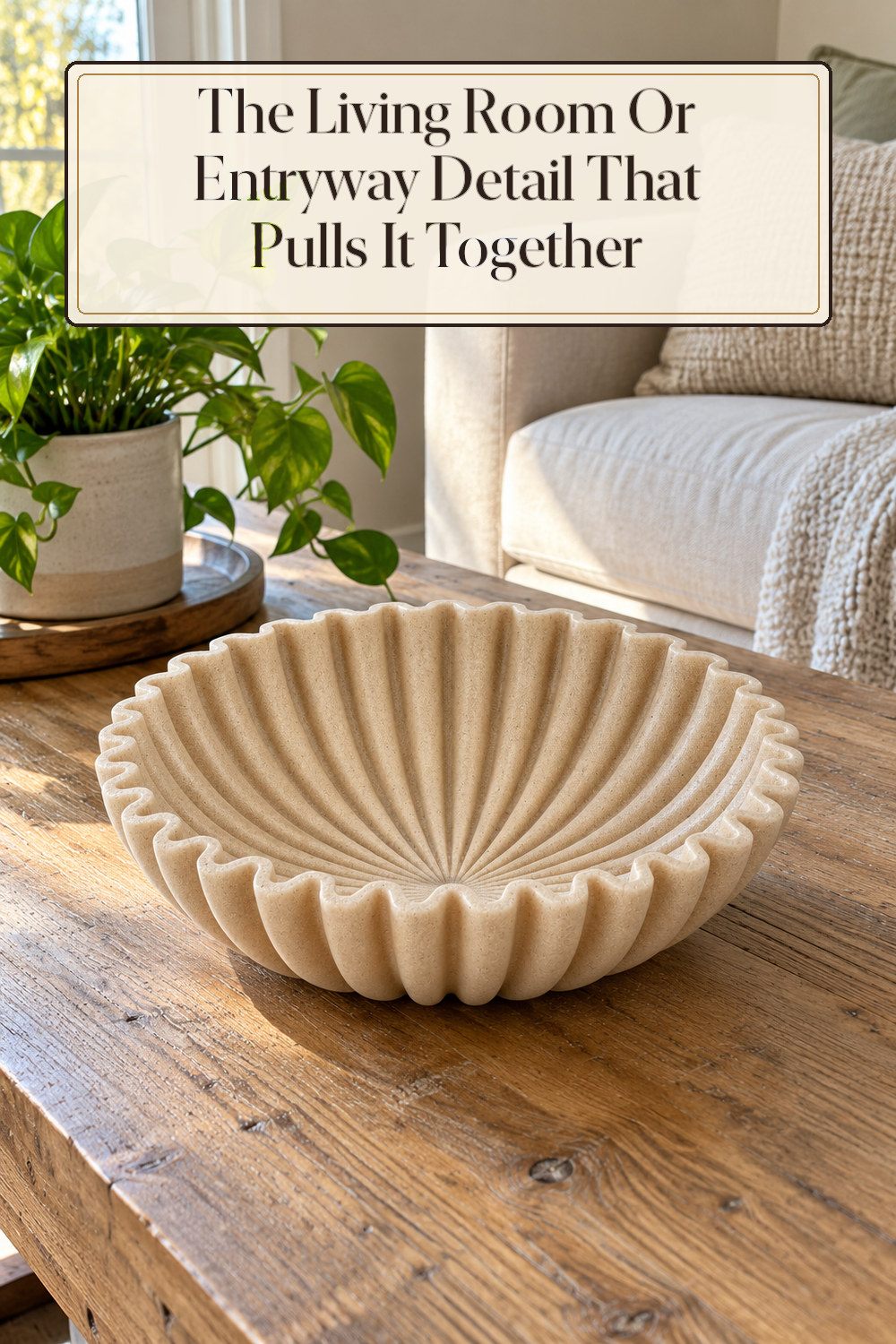 A realistic decorative bowl used naturally in a softly lit living room or entryway at home.