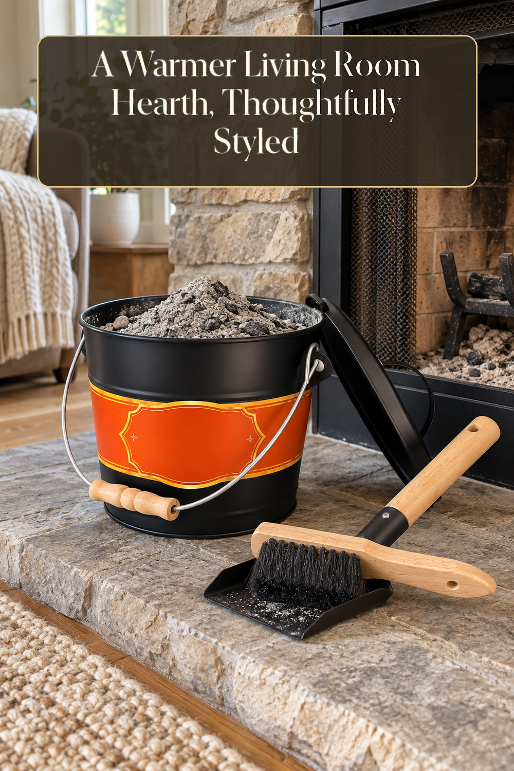 A realistic fireplace accessory used naturally in a softly lit living room hearth at home.