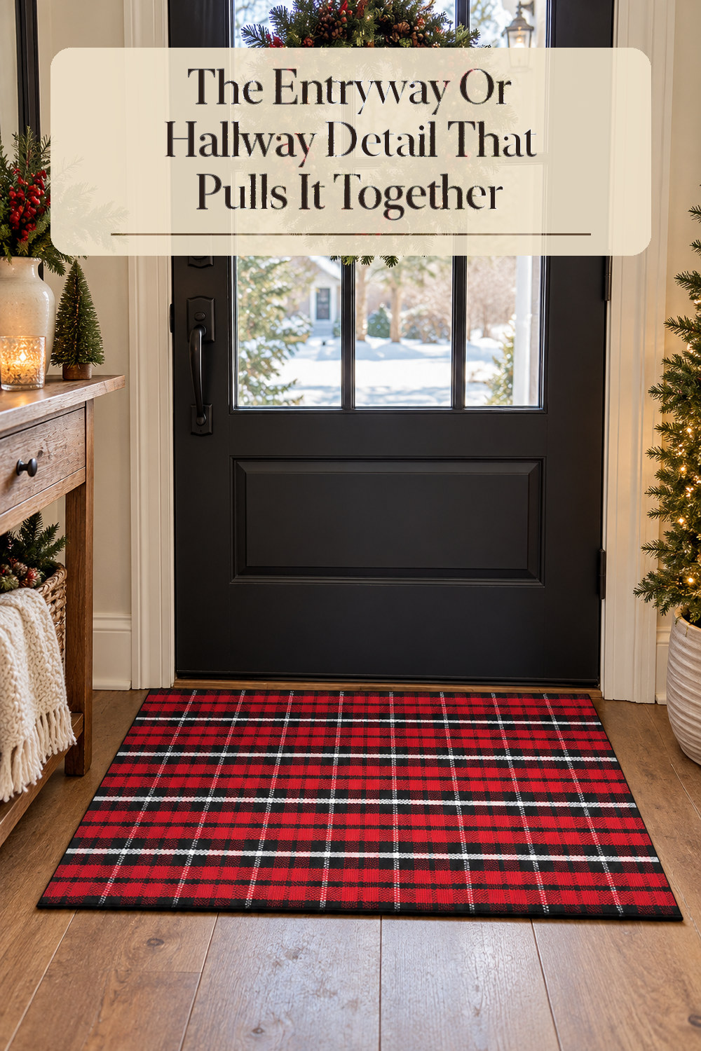 A realistic runner rug or doormat used naturally in a softly lit entryway or hallway at home.