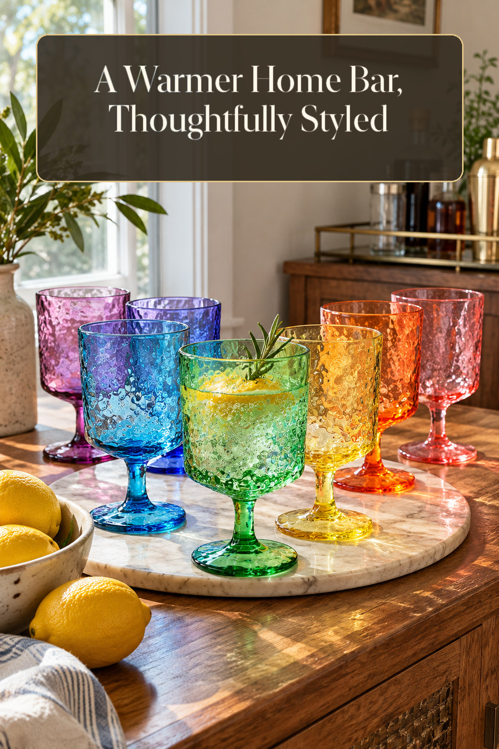 A realistic stemware used naturally in a softly lit home bar at home.