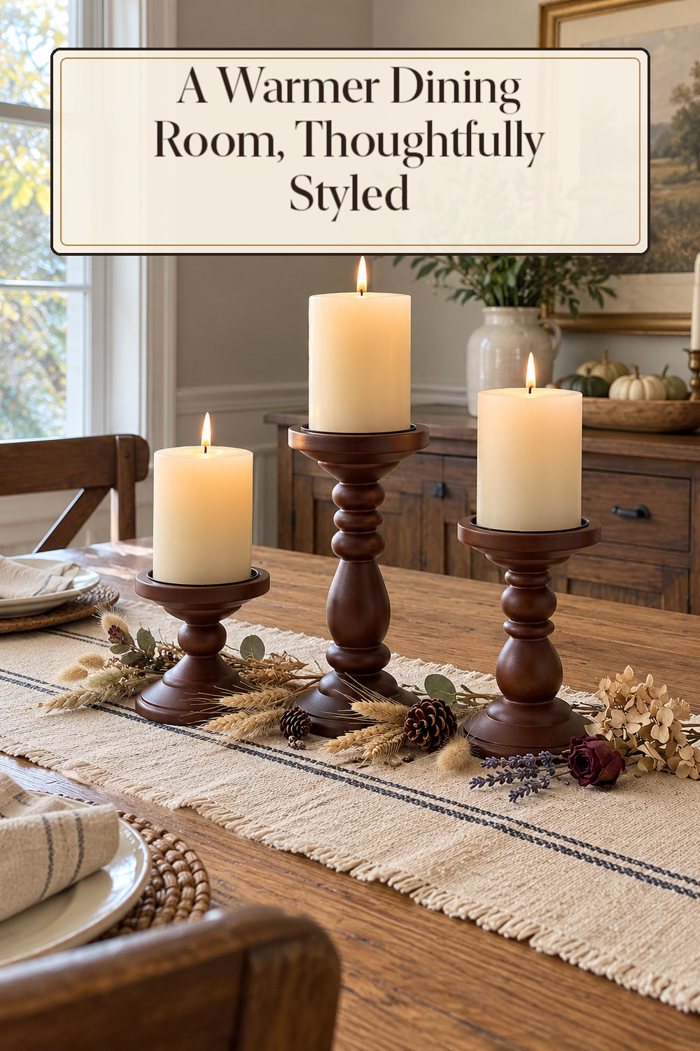 A realistic candle holder used naturally in a softly lit dining room at home.