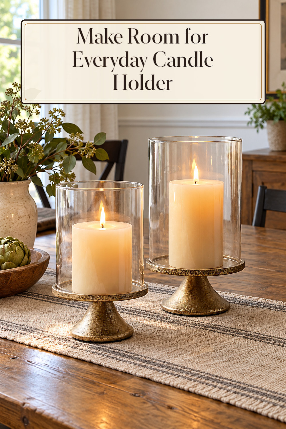 A realistic candle holder used naturally in a softly lit dining room at home.