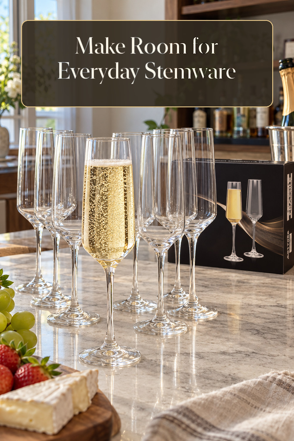 A realistic stemware used naturally in a softly lit home bar at home.