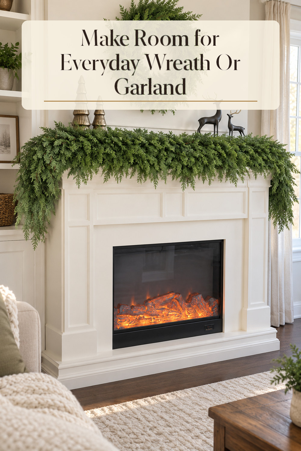 A realistic wreath or garland used naturally in a softly lit entryway or mantel at home.
