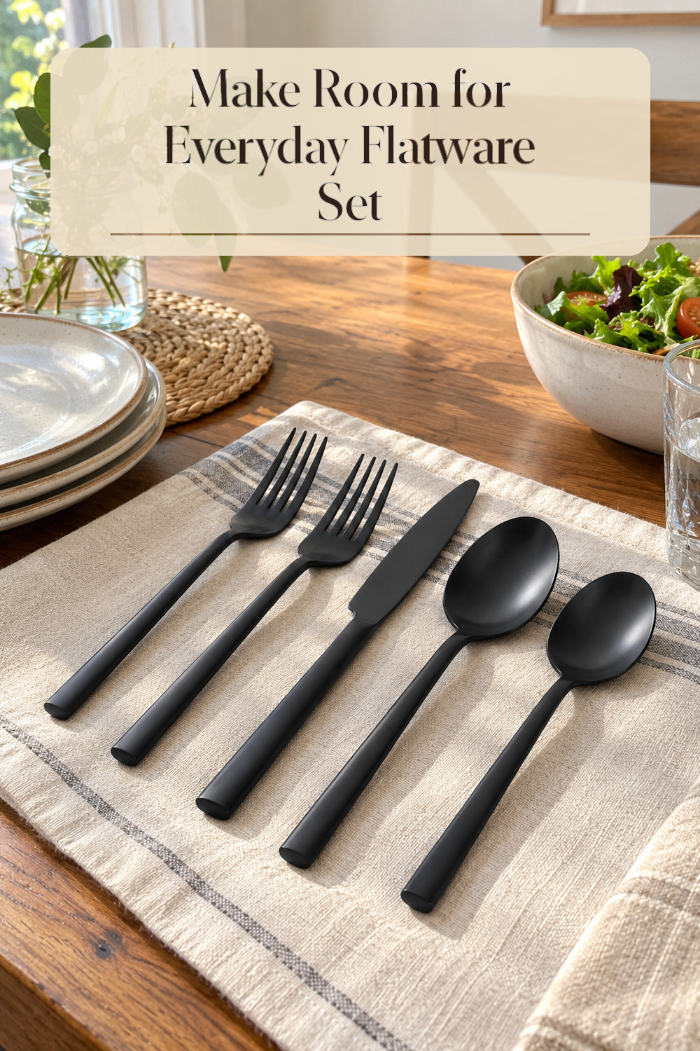 A realistic flatware set used naturally in a softly lit dining area at home.