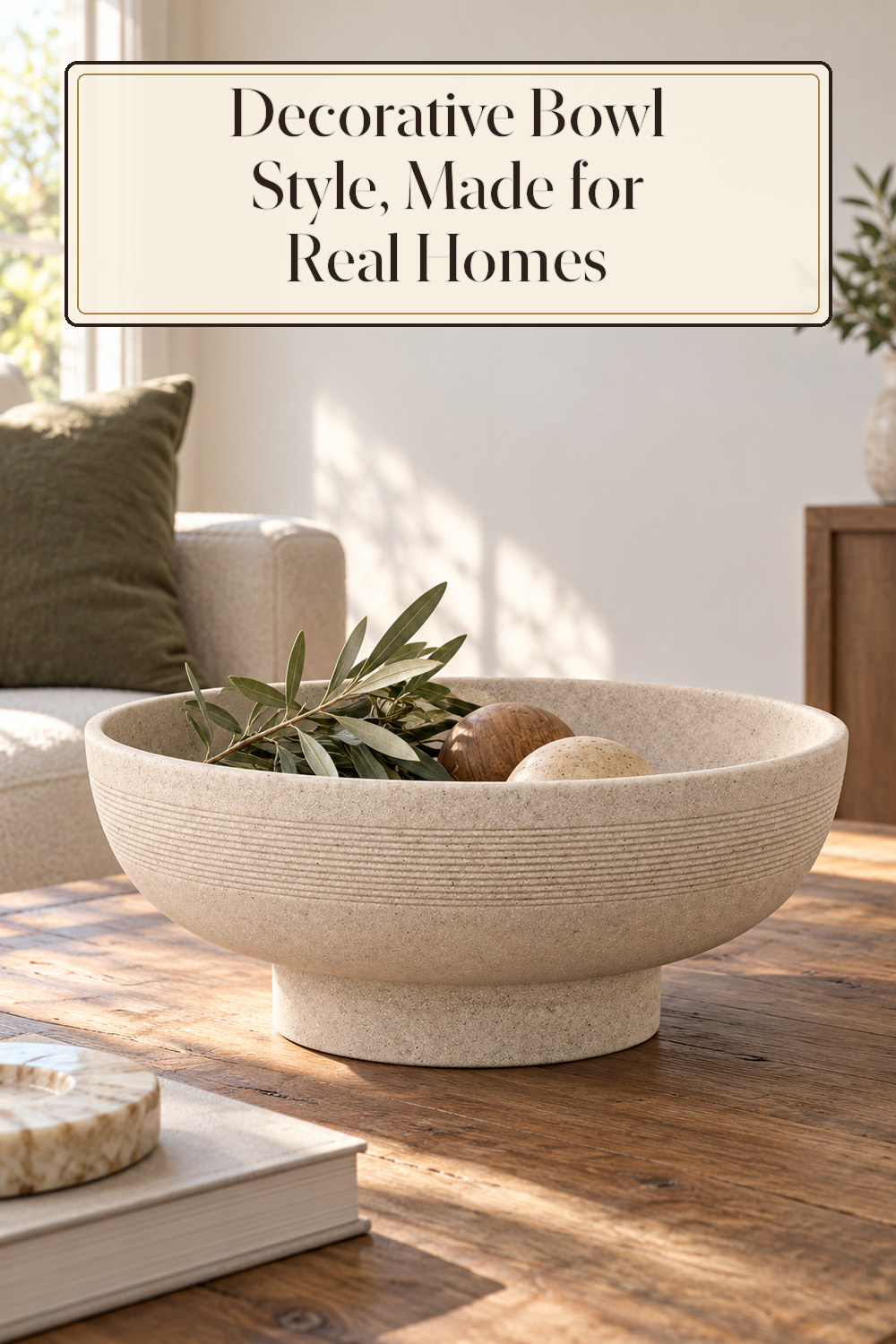 A realistic decorative bowl used naturally in a softly lit living room or entryway at home.