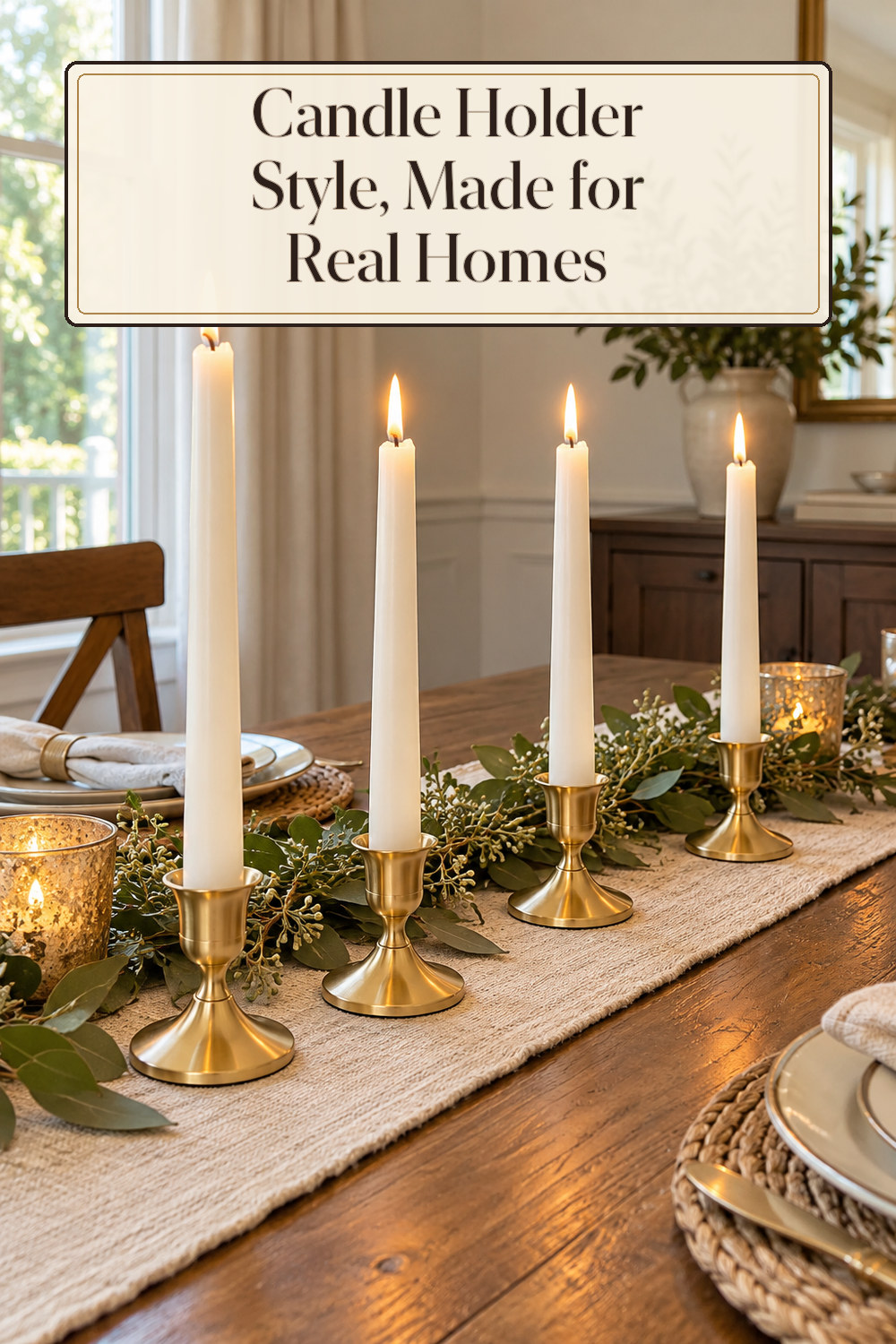 A realistic candle holder used naturally in a softly lit dining room at home.