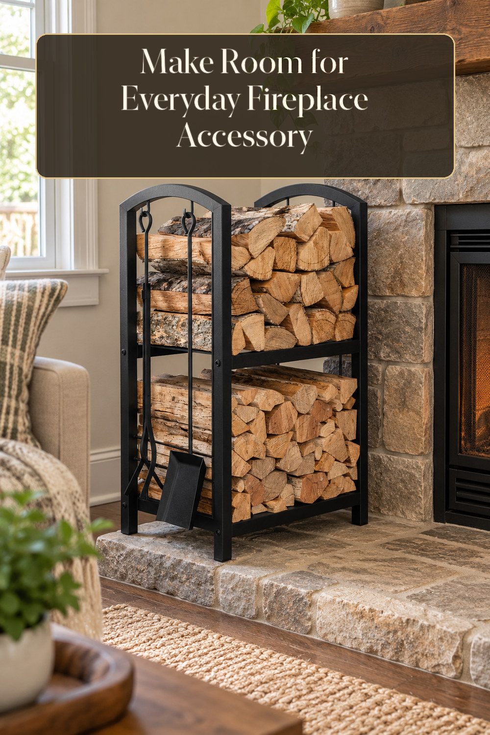 A realistic fireplace accessory used naturally in a softly lit living room hearth at home.