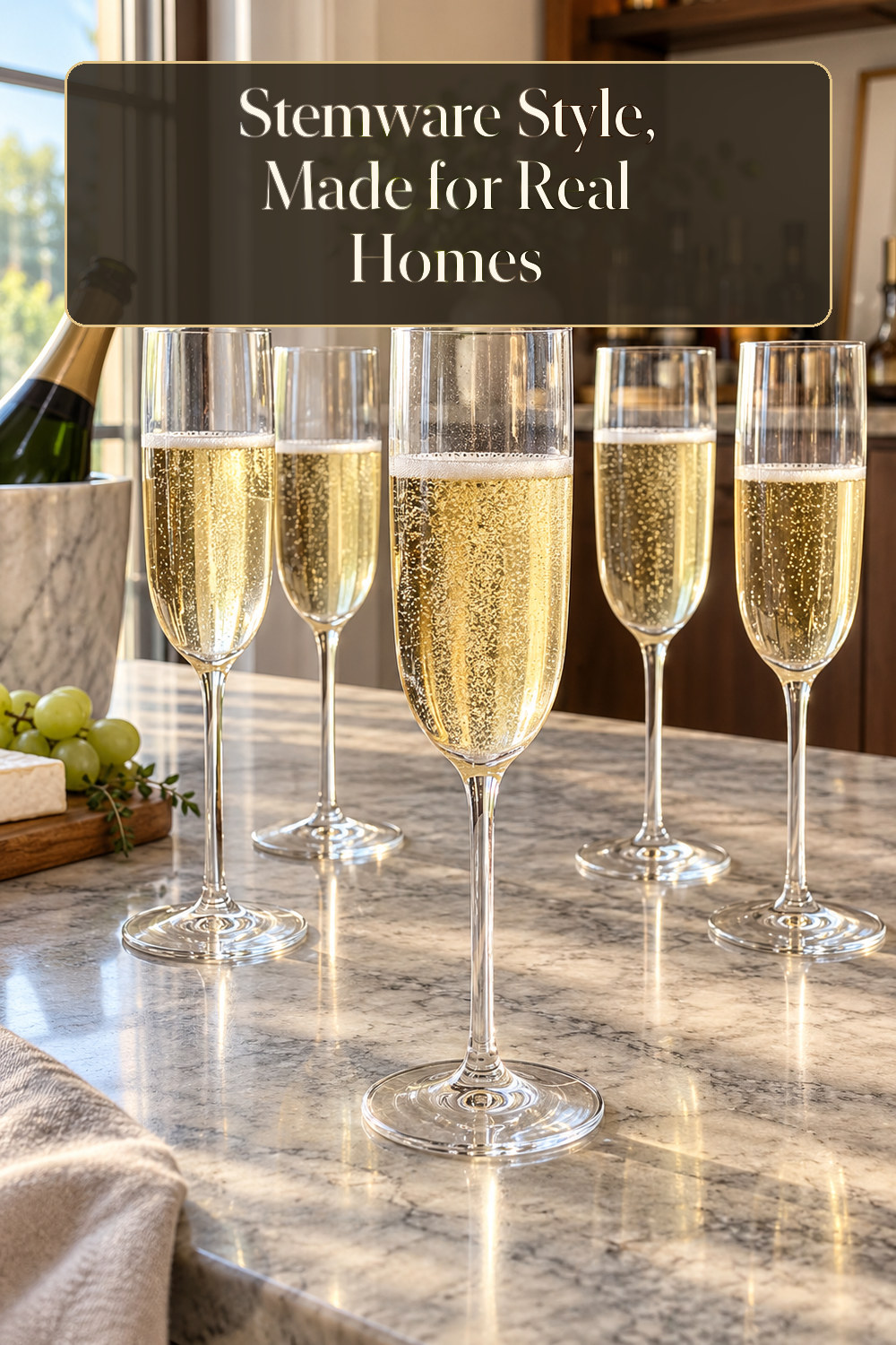 A realistic stemware used naturally in a softly lit home bar at home.