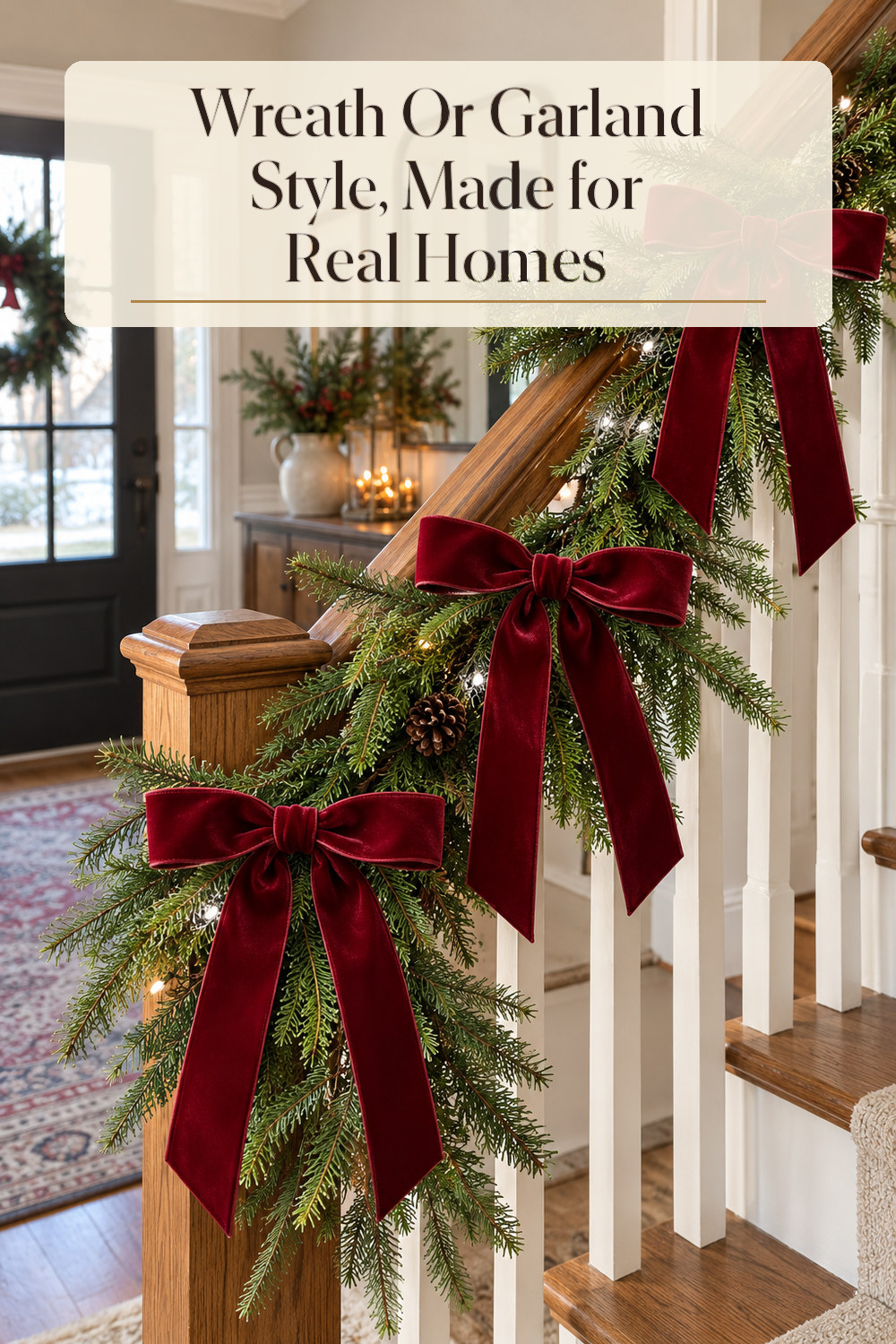 A realistic wreath or garland used naturally in a softly lit entryway or mantel at home.