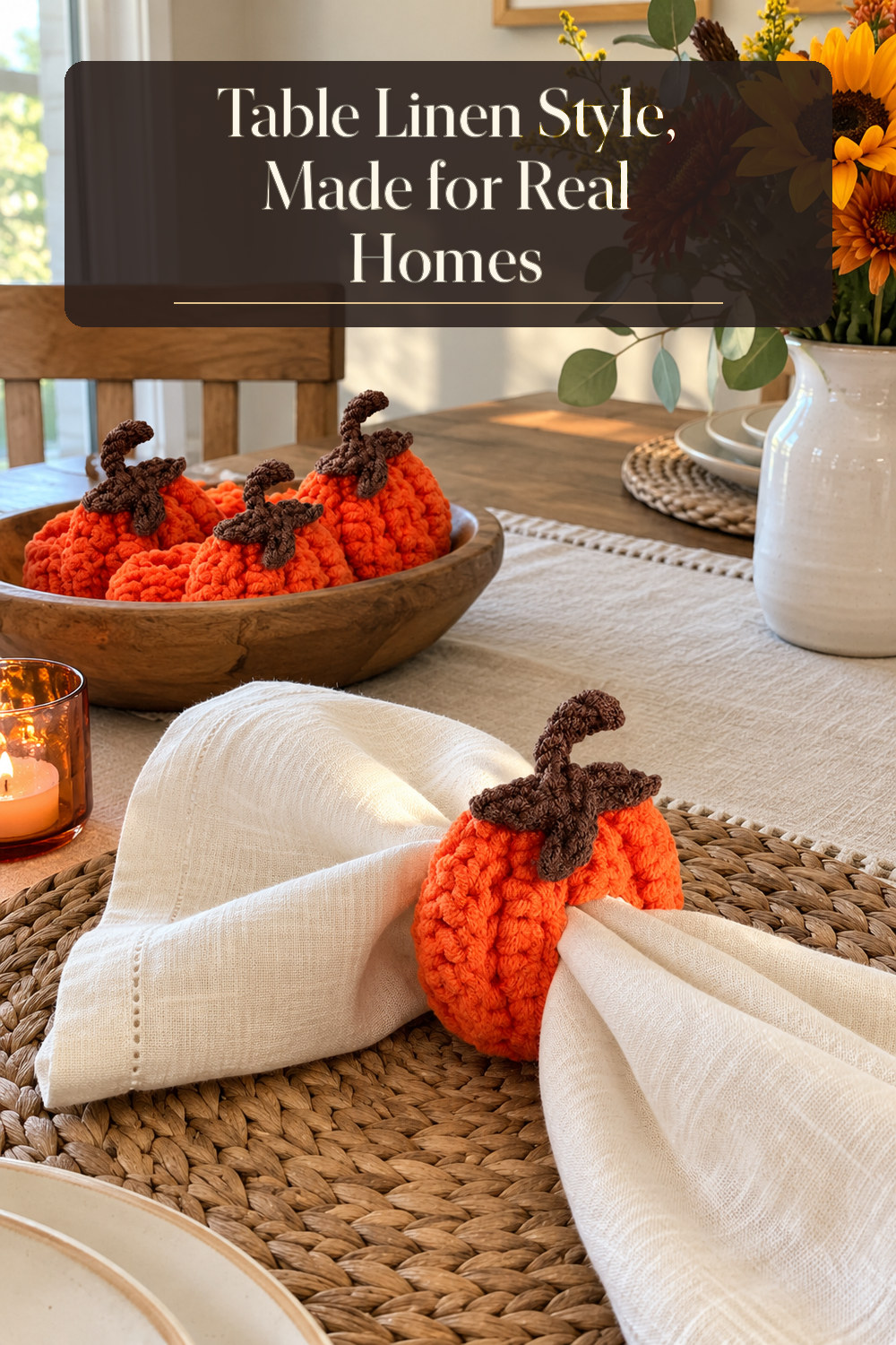 A realistic table linen used naturally in a softly lit dining room at home.