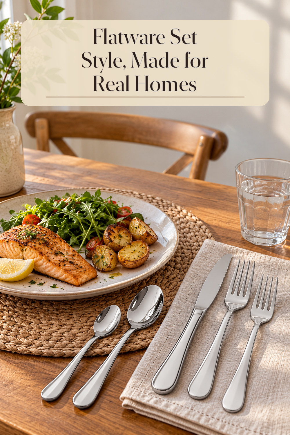 A realistic flatware set used naturally in a softly lit dining area at home.