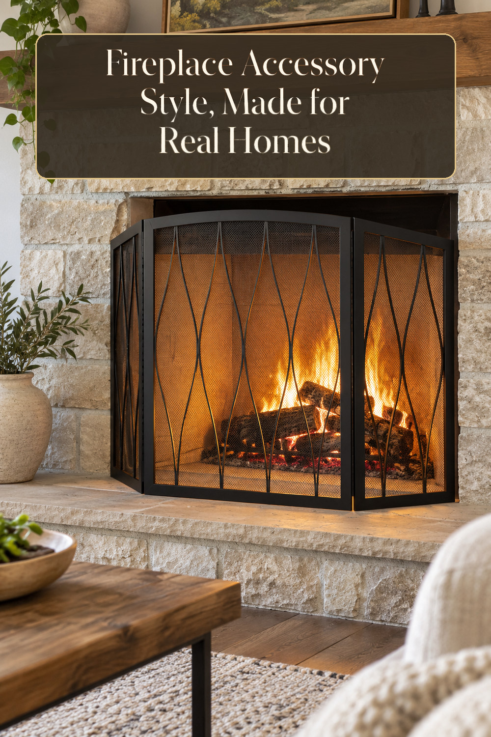 A realistic fireplace accessory used naturally in a softly lit living room hearth at home.