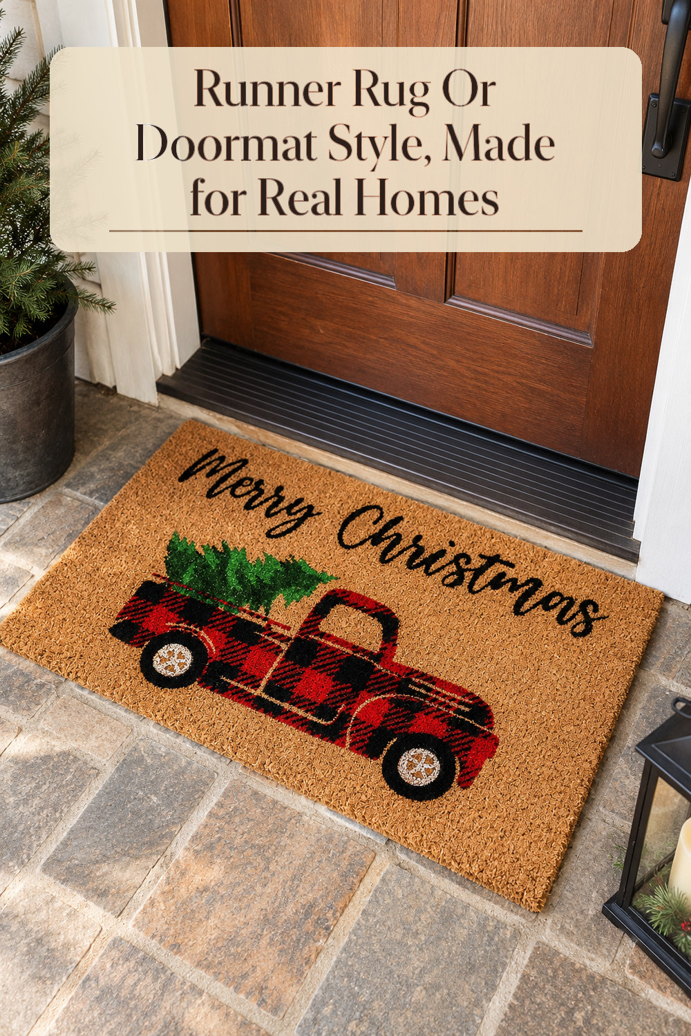 A realistic runner rug or doormat used naturally in a softly lit entryway or hallway at home.